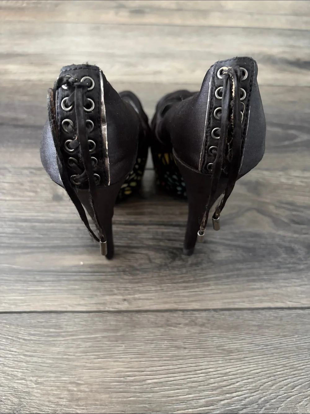 2 Lips Too Black Satin Peep-Toe Platform Heels with Colorful Abstract Pattern